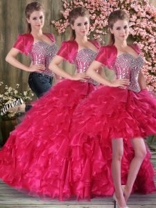 Enchanting Hot Pink Ball Gowns Sweetheart Sleeveless Organza Floor Length Lace Up Beading and Ruffles Quinceanera Dress