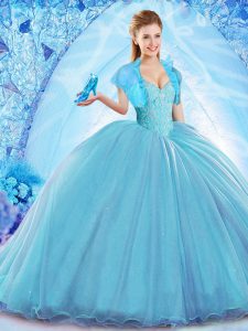 Baby Blue Organza Lace Up Off The Shoulder Sleeveless Ball Gown Prom Dress Sweep Train Beading