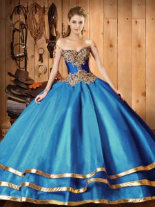 Blue Long Sleeves Organza Brush Train Lace Up Quinceanera Gowns for Military Ball and Sweet 16 and Quinceanera