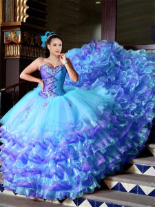 Exceptional Sleeveless Organza Court Train Lace Up Quince Ball Gowns in Multi-color with Beading and Ruffles