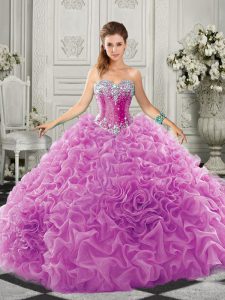 Inexpensive Lilac Organza Lace Up Sweetheart Sleeveless Sweet 16 Dresses Court Train Beading and Ruffles