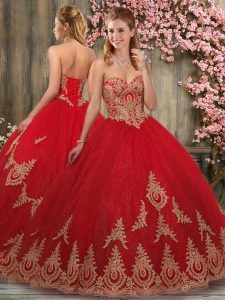 Sweetheart Sleeveless Tulle Quinceanera Gowns Appliques Brush Train Lace Up