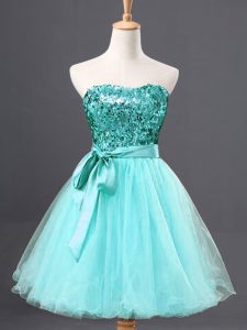 Aqua Blue Zipper Sweetheart Sequins Prom Dresses Tulle Sleeveless