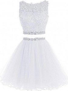 Customized Sleeveless Mini Length Beading and Lace and Appliques Zipper Evening Dress with White