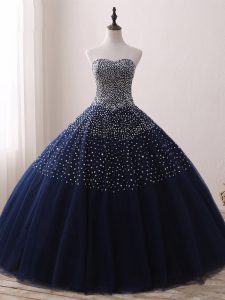 Navy Blue Sweetheart Neckline Beading 15 Quinceanera Dress Sleeveless Lace Up