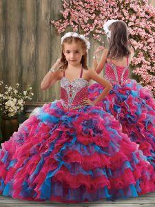 Multi-color Straps Lace Up Beading and Ruffles and Ruffled Layers Girls Pageant Dresses Brush Train Sleeveless