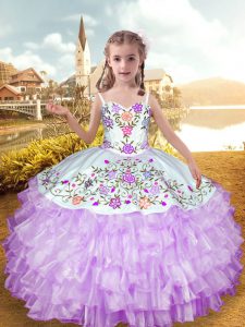 Lilac Organza and Taffeta Lace Up Straps Sleeveless Floor Length Kids Formal Wear Embroidery and Ruffled Layers