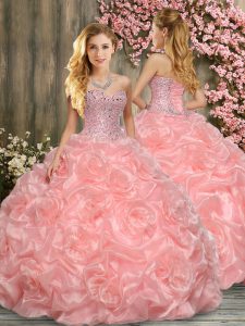 Peach Ball Gowns Fabric With Rolling Flowers Sweetheart Sleeveless Beading and Ruffles Floor Length Lace Up 15th Birthda
