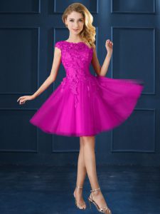Fuchsia A-line Lace and Belt Bridesmaid Dresses Lace Up Tulle Cap Sleeves Knee Length