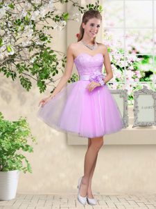 Low Price Lavender Tulle Lace Up Wedding Party Dress Sleeveless Knee Length Lace and Belt