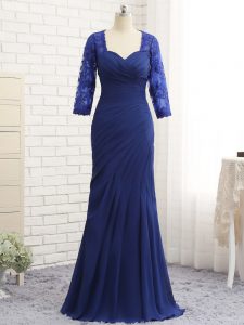 Customized Blue 3 4 Length Sleeve Floor Length Beading and Lace and Appliques and Ruching Zipper Mother of Groom Dress