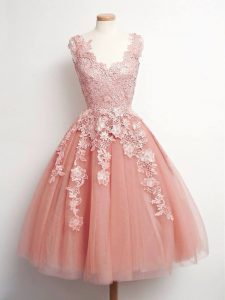 Delicate Peach V-neck Lace Up Lace Bridesmaid Dresses Sleeveless