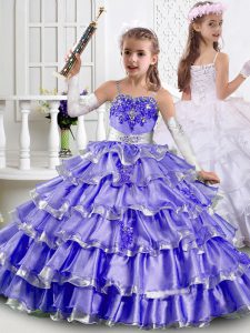 Purple Organza Lace Up Straps Sleeveless Floor Length Girls Pageant Dresses Beading and Ruffled Layers