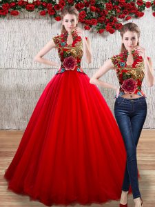Charming Red Sleeveless Organza Lace Up Sweet 16 Quinceanera Dress for Military Ball and Sweet 16 and Quinceanera