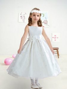 White A-line Organza Scoop Sleeveless Appliques and Hand Made Flower Tea Length Lace Up Flower Girl Dress