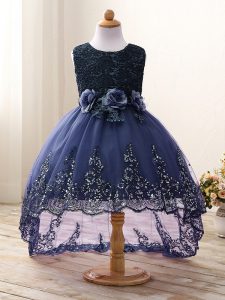 Adorable Sleeveless Tulle High Low Zipper Flower Girl Dresses in Navy Blue with Lace and Appliques and Bowknot and Hand 