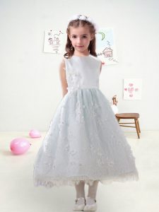 Nice Beading and Lace Flower Girl Dresses for Less White Zipper Sleeveless Tea Length