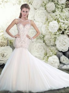 Fabulous White Side Zipper Scoop Beading and Lace Wedding Dress Tulle Sleeveless Brush Train