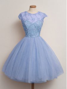 Dazzling Cap Sleeves Tulle Knee Length Lace Up Vestidos de Damas in Blue with Lace
