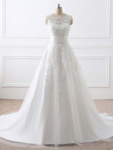 Captivating White Sleeveless Lace Zipper Wedding Gowns