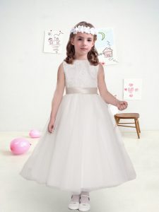 Inexpensive White A-line Scoop Sleeveless Tulle Ankle Length Lace Up Lace Flower Girl Dress