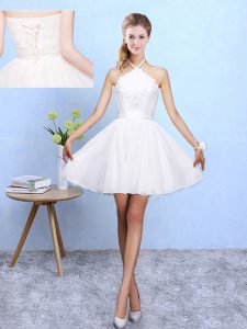Chiffon Halter Top Sleeveless Lace Up Lace and Appliques Dama Dress in White