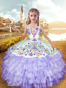 Ball Gowns Child Pageant Dress Lavender Straps Organza and Taffeta Sleeveless Floor Length Lace Up
