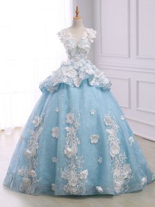 New Arrival Light Blue Scoop Neckline Appliques Quinceanera Dress Sleeveless Lace Up