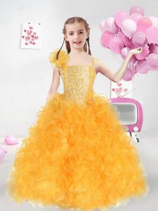 Gold Ball Gowns Straps Sleeveless Organza Floor Length Lace Up Ruffles and Sequins Pageant Gowns For Girls