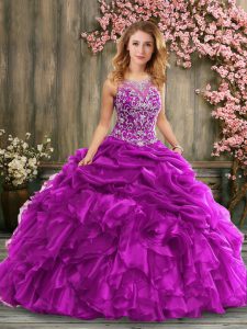 Fuchsia Ball Gowns Scoop Sleeveless Taffeta Floor Length Lace Up Beading and Ruffles Sweet 16 Dress