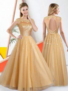 Bateau Sleeveless Bridesmaid Gown Floor Length Beading and Lace Champagne Tulle