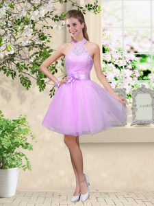 A-line Quinceanera Court of Honor Dress Lavender Halter Top Tulle Sleeveless Knee Length Lace Up