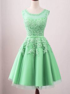 Green A-line Tulle Scoop Sleeveless Lace Knee Length Lace Up Quinceanera Dama Dress