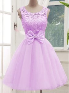 Exceptional Sleeveless Tulle Knee Length Lace Up Dama Dress for Quinceanera in Lilac with Lace and Bowknot