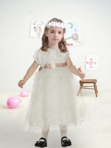 Stunning Tea Length A-line Short Sleeves White Flower Girl Dresses for Less Zipper
