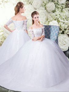 Half Sleeves Tulle Floor Length Lace Up Bridal Gown in White with Appliques