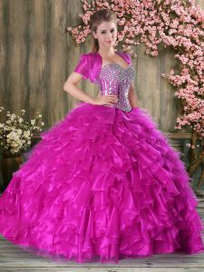 Glorious Sleeveless Organza Floor Length Lace Up Sweet 16 Dresses in Fuchsia with Beading and Ruffles