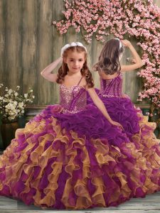 Sleeveless Brush Train Beading and Ruffles Lace Up Kids Pageant Dress