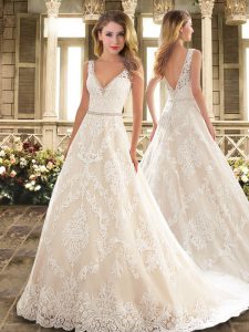 Enchanting White Sleeveless Sweep Train Appliques and Embroidery Wedding Dress