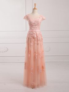 Scoop Cap Sleeves Lace Up Mother Dresses Peach Tulle