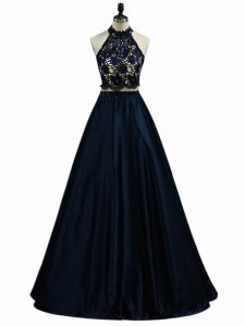 Noble Sleeveless Taffeta Floor Length Zipper Dress for Prom in Navy Blue with Lace and Appliques