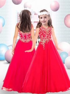 Red Sleeveless Floor Length Beading Zipper Little Girls Pageant Gowns