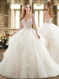 Straps Sleeveless Brush Train Clasp Handle Wedding Dresses White Organza