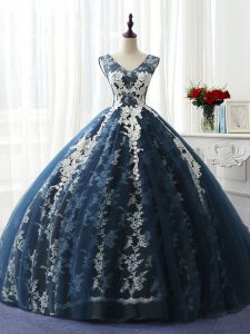 Floor Length Navy Blue Sweet 16 Dress Organza and Taffeta and Chiffon and Tulle Sleeveless Ruffles and Pattern