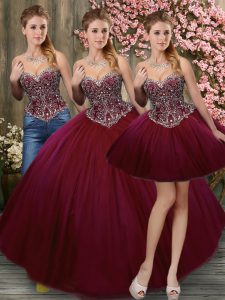 Edgy Sleeveless Floor Length Beading Lace Up Quince Ball Gowns with Burgundy
