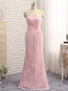 Floor Length Baby Pink Mother of Bride Dresses Lace Sleeveless Beading and Lace and Appliques