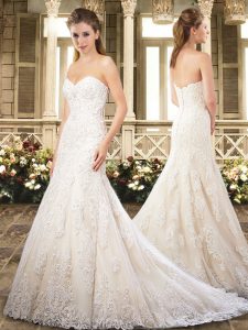 Lace Wedding Gown White Clasp Handle Sleeveless Brush Train
