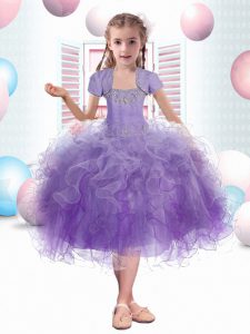 Glorious Tulle Straps Sleeveless Lace Up Beading and Ruffles Girls Pageant Dresses in Lavender
