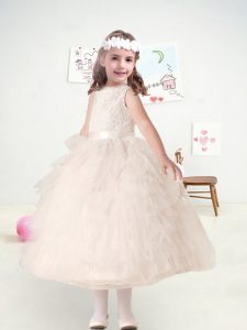 Tea Length Zipper Toddler Flower Girl Dress White for Wedding Party with Lace and Ruffles and Belt