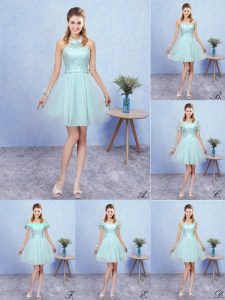 Noble Aqua Blue A-line Appliques Bridesmaid Dress Lace Up Tulle Cap Sleeves Mini Length